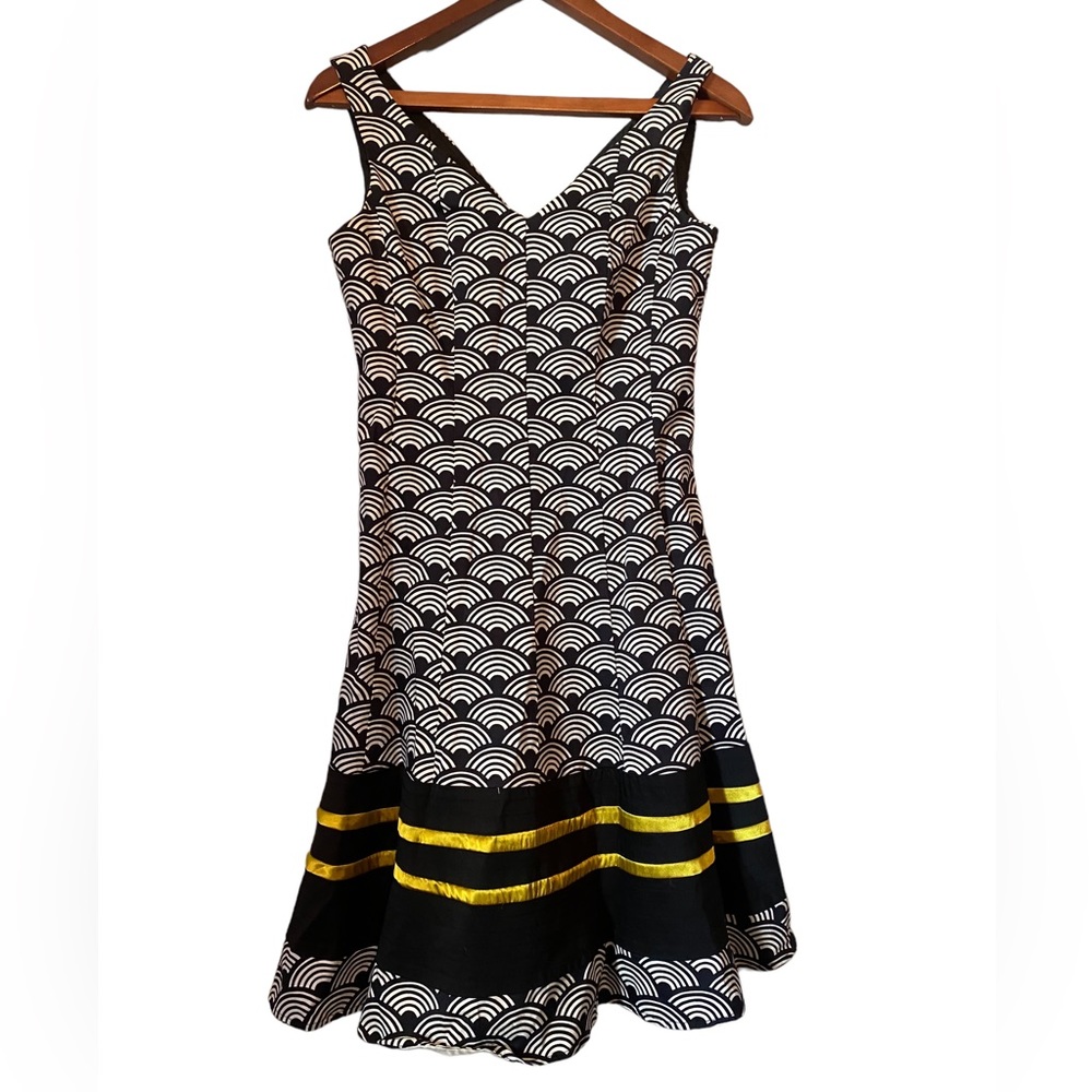 Nine West Black and White Sleeveless Patterned Fit and Flare Dress